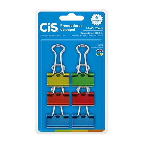 Binder Clip Colorido 32mm - 6 unidades - Cis (291.6200)