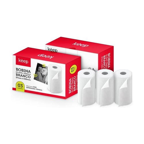 PAPEL TÉRMICO BRANCO 3 ROLOS PARA MINI IMPRESSORA 57X30MM KEEP