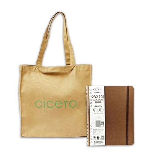 Kit Totebag Cicero lona kaki, silk verde +Caderno Organizador Duo Clássica Pautado & Pontado A5 Caramelo