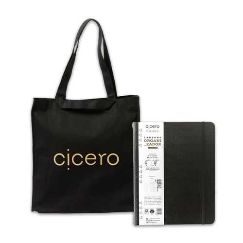 Kit Totebag Cicero Lona Preta, SIlk Ocre + Caderno Organizador Duo Clássica Pautado & Pontado 17x24