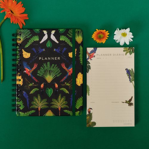 Kit Planner Permanente Wire-o Pássaros Semanal Notas A5 Floresta Tropical Preto + Planner Permanente Bloco Pássaros Diário 12x20