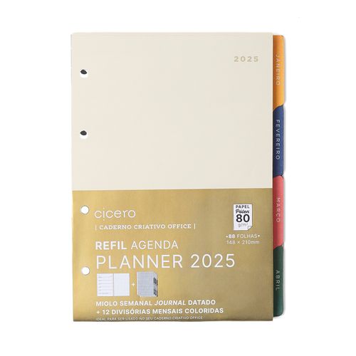 Refil Caderno Criativo Argolado 88 Fls Pólen 80G de Agenda Planner 2025 Semanal Journal A5 C/ 12 Divisórias