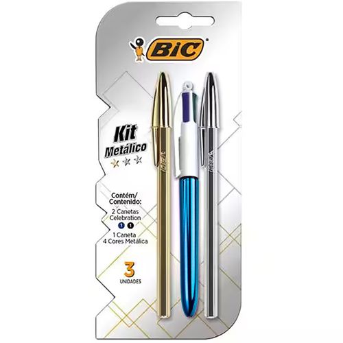 Kit Bic Celebration Dourada/Prata + Bic 4 Cores Metallic  Corpo Azul