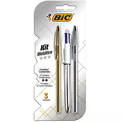 Kit Bic Celebration Dourada/Prata + Bic 4 Cores Metallic Corpo Prata