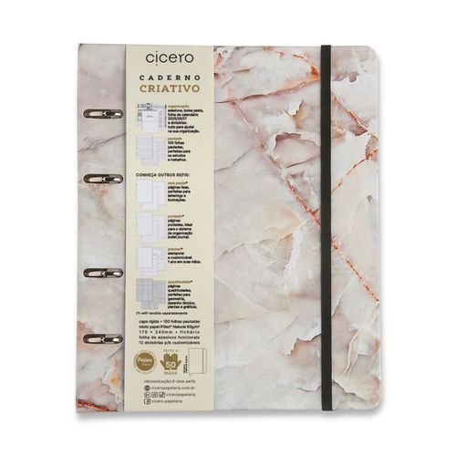 Caderno Criativo Argolado Minerais Pautado 17x24 Mármore Branco